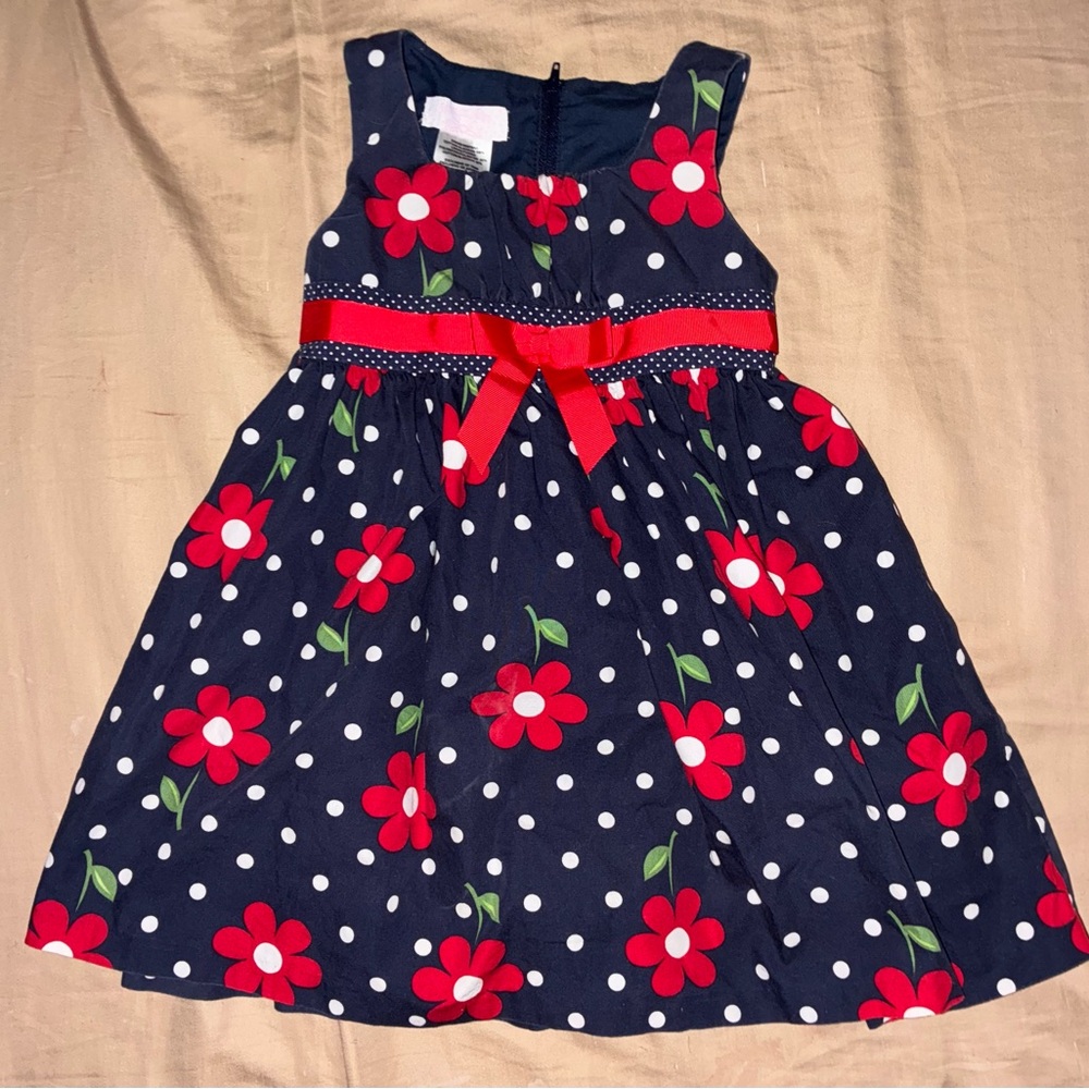 Jessica Ann Navy Dress with Red Flowers and White Polka Dots. Church, Formal